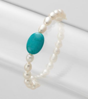 Genuine Freshwater Pearl & Stabilized Turquoise Oval Stretch Bracelet