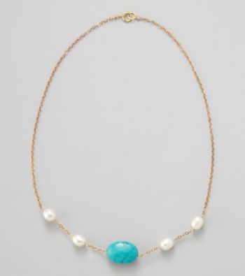 Gold Over Silver Chain w/ Genuine Freshwater Pearl & Genuine Stabilized Turquoise Oval Necklace