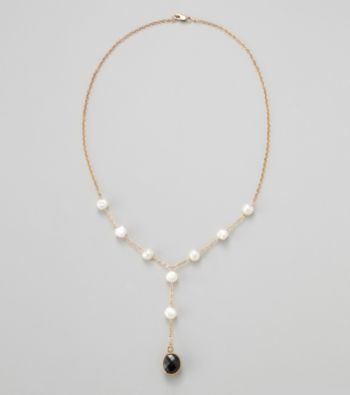 Gold Over Silver Chain w/ Genuine Black Onyx Bezel / Genunie Freshwater Pearl Y Necklace