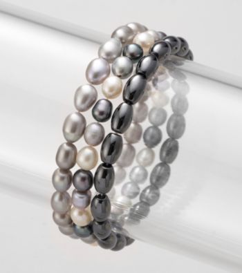 3 Piece Set of Two Genuine Freshwater Pearl & One Genuine Hematite Stretch Bracelet