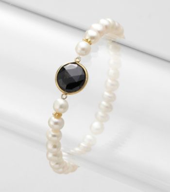Genuine Black Onyx and Freshwater Pearl Stretch Bracelet