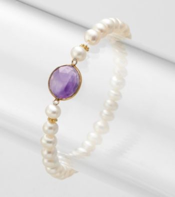 Genuine Freshwater Pearl with Amethyst Bezel Stretch Bracelet