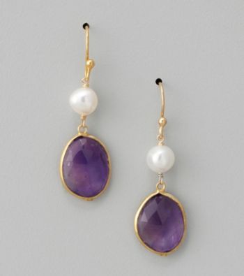 Genuine Freshwater Pearl and Amethyst Bezel Drop Earrings