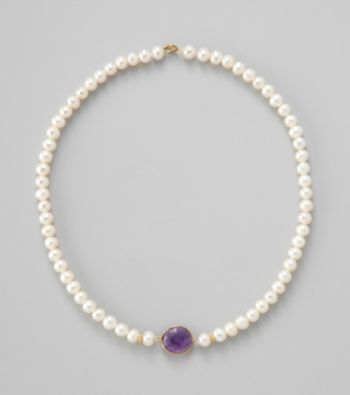 Gold o=Over Silver Genuine Amethyst Bezel with Genuine Freshwater Pearl Necklace