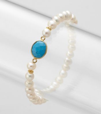 Genuine Turquoise Bezel and Freshwater Pearl Stretch Bracelet