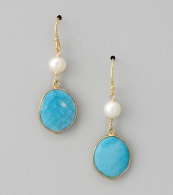 Genuine Turquoise Bezel and Freshwater Pearl Drop Earrings