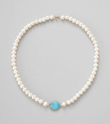 Gold Over Silver Genuine Turquoise Bezel w/ Genuine Freshwater Pearl Necklace