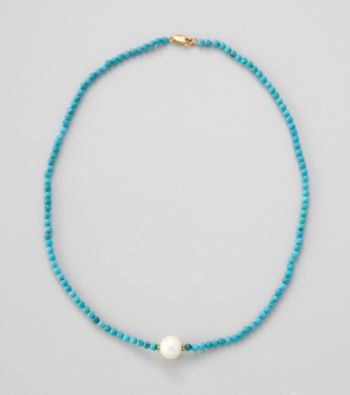 Gold Over Silver / Genuine Stabilized Turquoise & Genuine Freshwater Pearl in Center Necklace 16