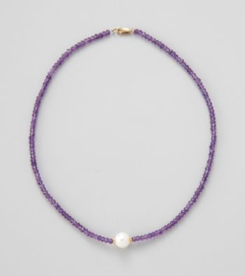 Gold Over Silver / Genuine Faceted Amethyst Rondelles & Genuine Freshwater Pearl in Center Necklace