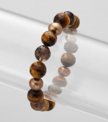 Genuine Tiger Eye, Smokey Quartz, and Freshwater Pearl Stretch Bracelet