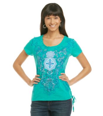 Laura Ashley® Petites' Medallion Scroll Print Tee with Lace-Up Detail