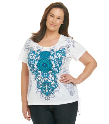Laura Ashley® Plus Size Medallion Scroll Print Tee with Lace-Up Detail