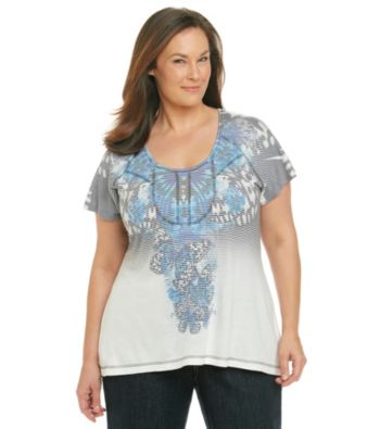 Oneworld® Plus Size Scoopneck Striped Dip Dye Henley