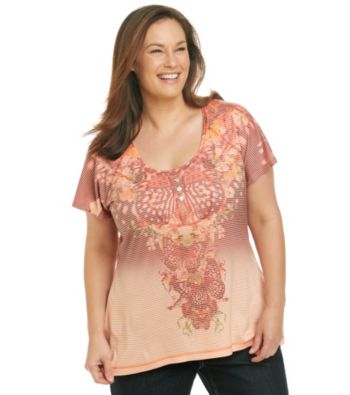 Oneworld® Plus Size Scoopneck Striped Dip-Dye Henley