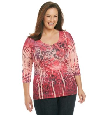 Oneworld® Plus Size Y-Neck Rose Print Henley