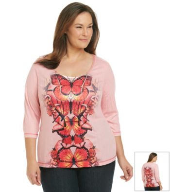 Oneworld® Plus Size Scoopneck Butterfly Print Henley