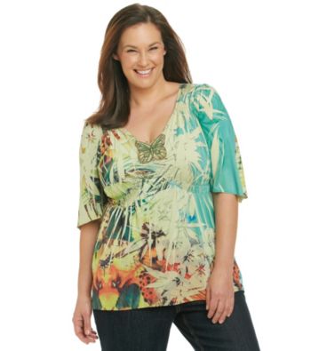 Oneworld® Plus Printed V-Neck Top with Butterfly Applique