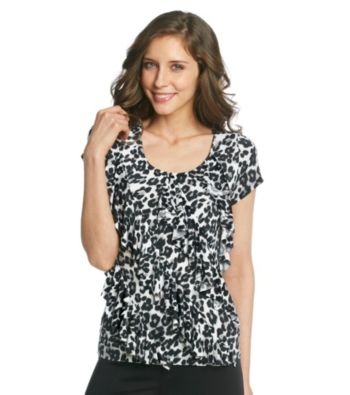 Laura Ashley® Black and White Animal Print Diagonal Ruffle Top