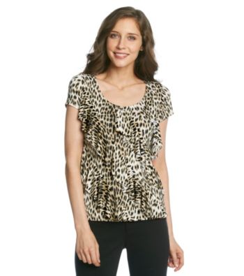 Laura Ashley® Neutral Animal Print Diagonal Ruffle Top