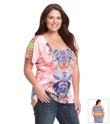 Oneworld® Plus Size High-Low Mixed Media Printed Tee