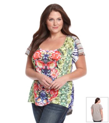 Oneworld® Plus Size High-Low Mixed Media Printed Tee
