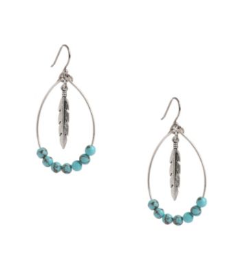Lucky Brand® Silvertone & Turquoise Oblong Feather Hoop Earrings