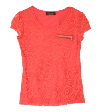 Amy Byer Girls' 7-16 Coral Short Sleeve Lace Tee