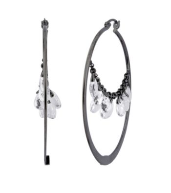 Sterling Silver Rhodium Gun Color Sparkling Crystal Hoop Earrings