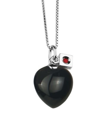 Rhodium Sterling Silver Solid Black Agate Heart Necklace