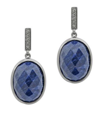 Oval Drop Earrings, Genuine Rough Cut Sapphire, 22.0 CTTW, Sterling Silver