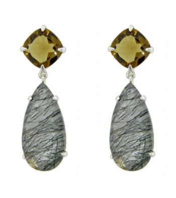 Long Pear Shaped Drop Earrings with Black and Beer Quartz