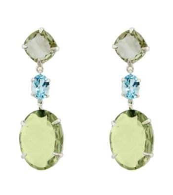 Oval Triple Drop Earrings with Green Amethyst and Sky Blue Topaz