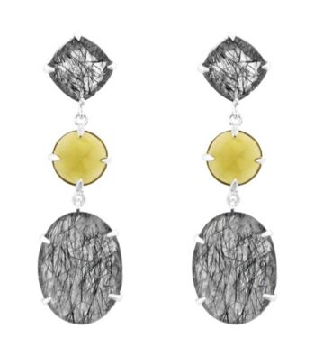 Oval Black and Beer Quartz Drop Earrings