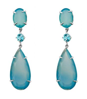 Long Pear Shaped Blue Chalcedony and Sky Blue Topaz Drop Earrings