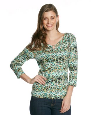 Rafaella Aqua Pebble Patterned Keyhole Shirt