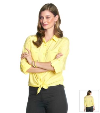 AGB® Solid Crochet Shoulder Tie-Front Blouse