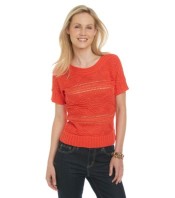 Ruby Rd. Short Sleeve Boatneck Open Stitch Pullover Sweater