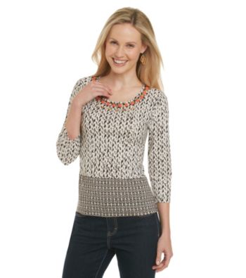Ruby Rd. Beaded Neckline Boarder Print Knit Top