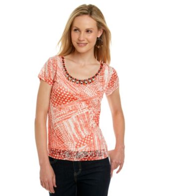 Ruby Rd. Beaded Neck Burnout Knit Layered Look Top