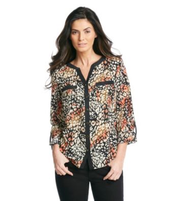 Notations Collarless Roll Tab Sleeves Front Button Closure Blouse