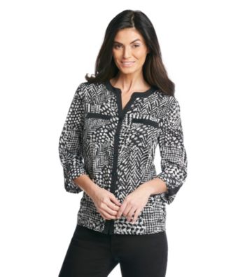 Notations Collarless Roll Tab Sleeves Front Button Closure Blouse