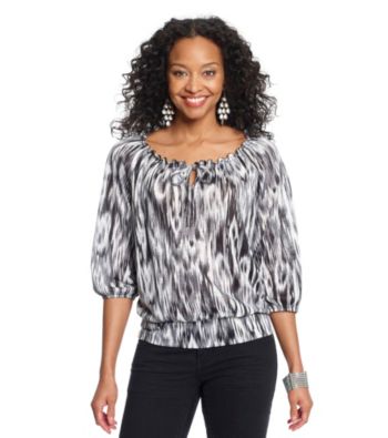 AGB® Petites' Printed Tie-Neck Peasant Top