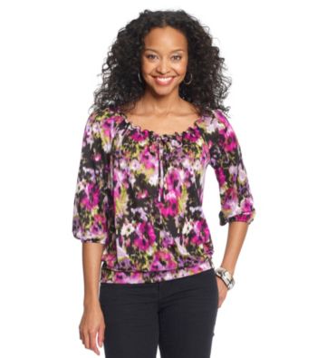 AGB® Petites' Printed Tie Neck Peasant Top