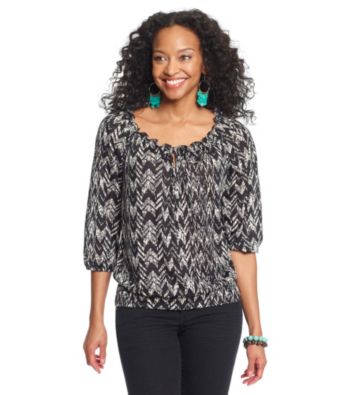 AGB® Petites' Printed Tie-Neck Peasant Top