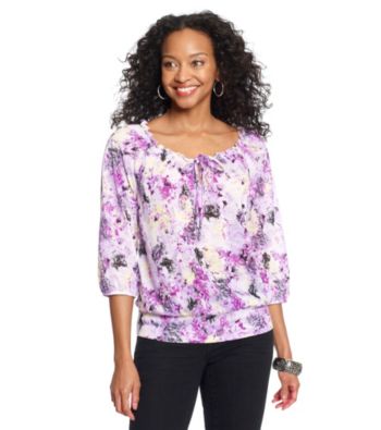 AGB® Petites' Printed Tie-Neck Peasant Top