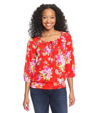 AGB® Petites' Printed Tie Neck Peasant Top