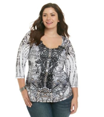 Oneworld® Plus Size Sublimated Lace Trim Henley