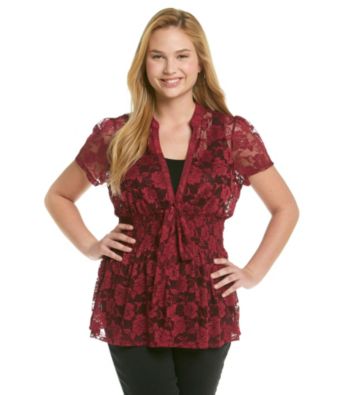 Eyeshadow® Juniors' Plus Size Tie-Front Lace Shirt