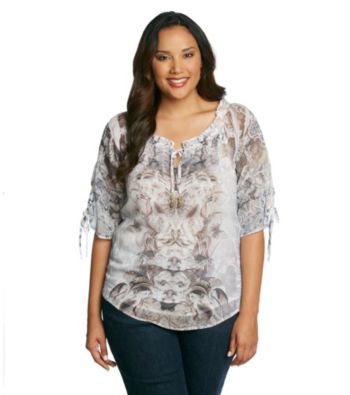 Oneworld® Plus Size Printed 3/4 Sleeve Peasant Woven Top