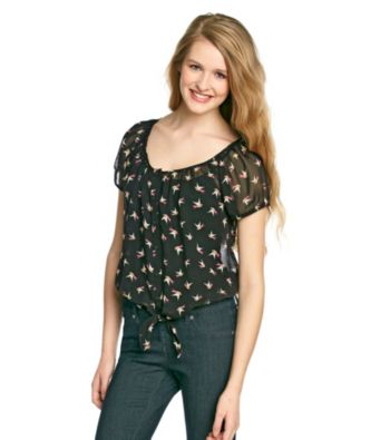 Sequin Hearts® Juniors' Tie-Front Bird Print Shirt